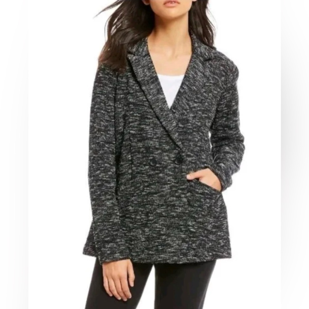 Eileen Fisher Tweedy Organic Cotton‎ Knit Blazer XS Black White Notch Career